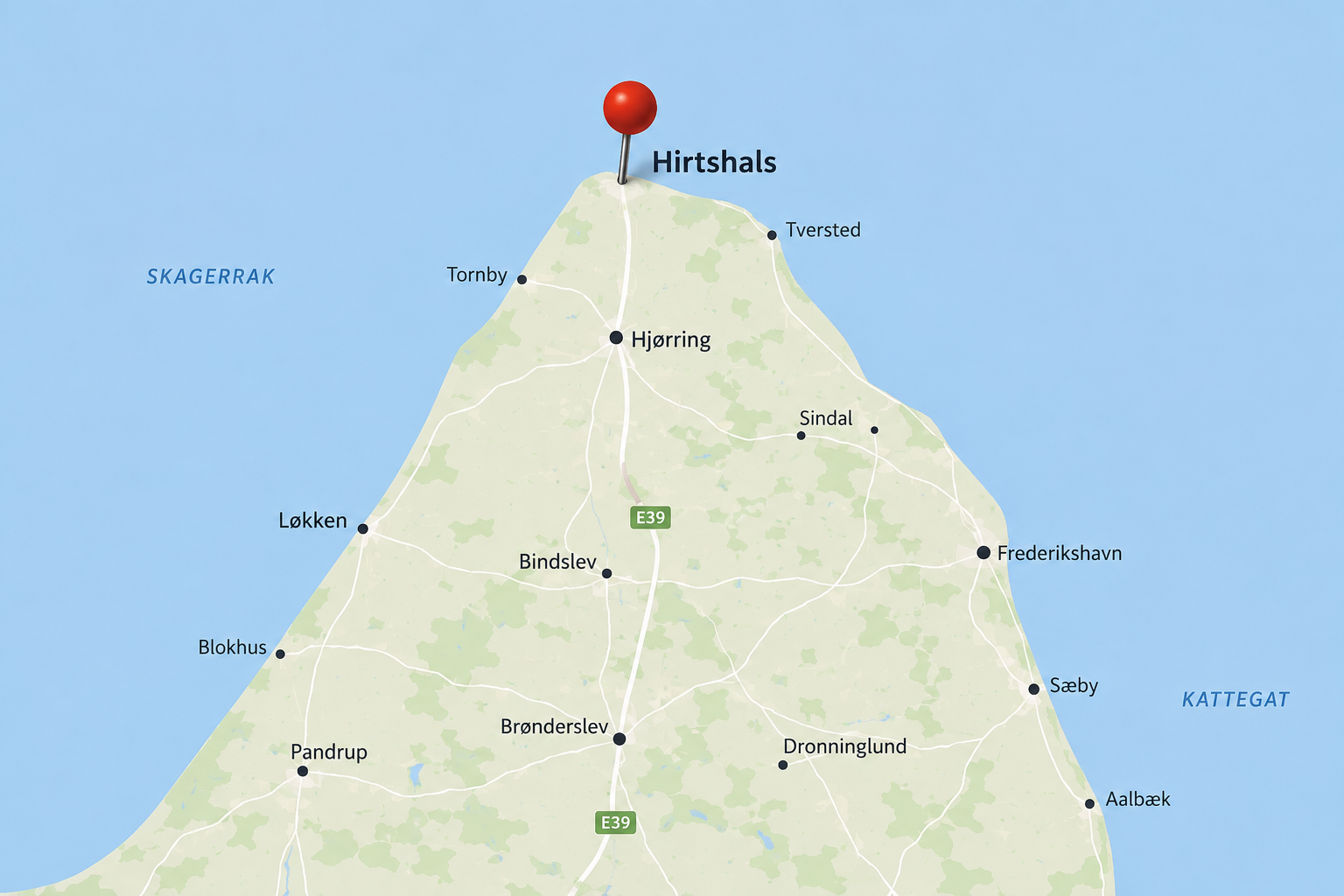 Kort over Hirtshals og omkringliggende byer